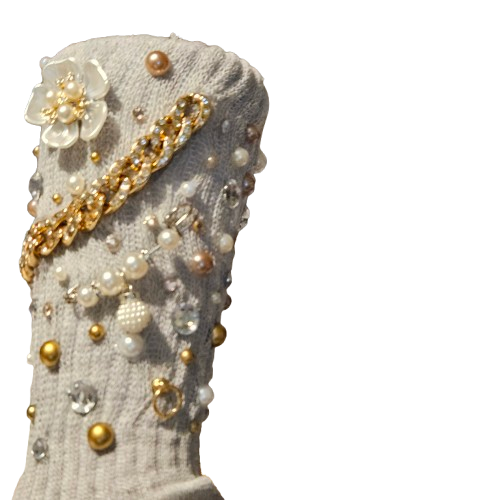 Custom glam sock with gold chain and floral detail
