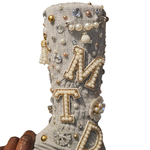 Custom monogram sock example with pearls and rhinestones
