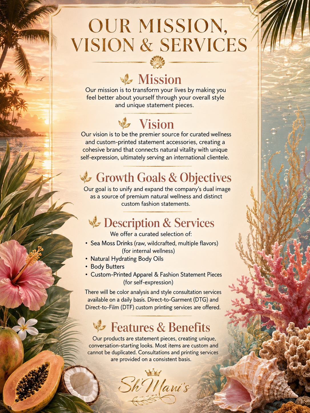 Sh’Mani’s mission, vision, and services flyer